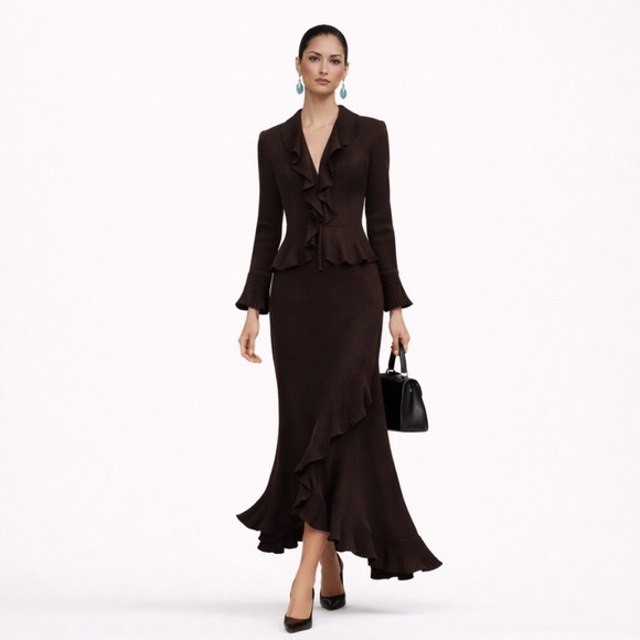 St. John Dresses & Skirts - St. John 2 pc ruffle maxi sweater long sleeve bell sleeve Brown Women's Skirt